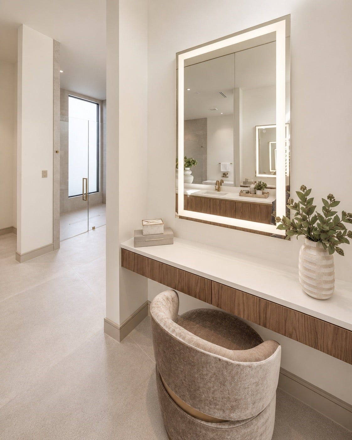 A thoughtful touch of everyday luxury. A dedicated makeup vanity turns the primary bath into a persona dressing suite.Perfectly positioned for unhurried mornings and evening touch-ups . With its illuminated mirror, generous work space and comfortable seating, brings convenience,  organizaiton and little glamour to the daily routine.
