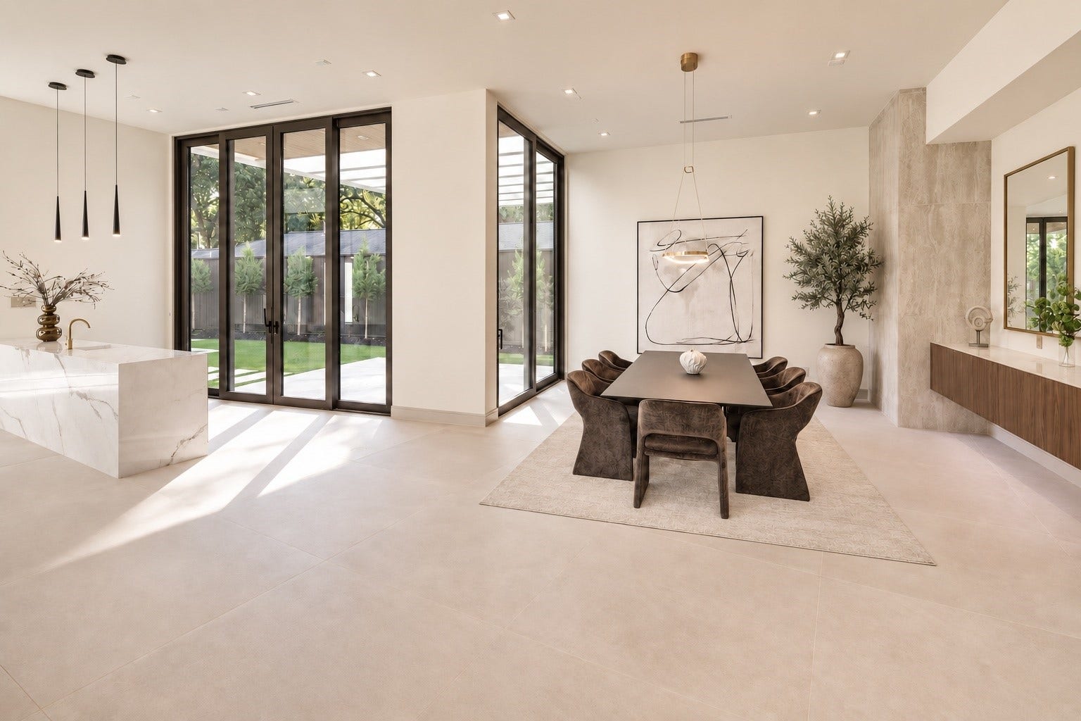 A room that refuses to be ordinary and where architecture becomes atmosphere. Walls of glass sliding doors flooding the room with sunlight, seamless indoor-outdoor living turn everyday dining into a beautiful experience.