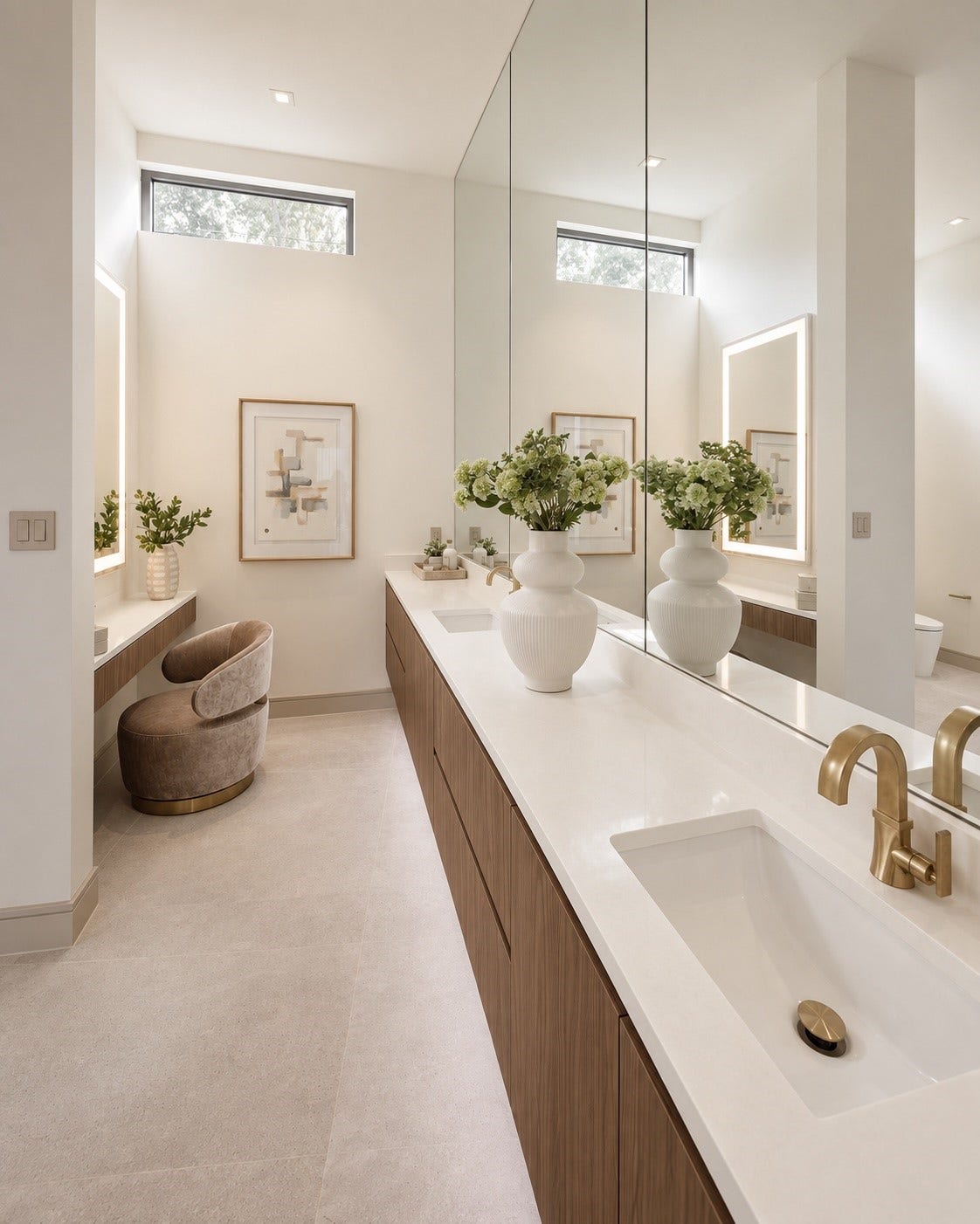 One of the two appointed primary baths. Dramatic walls of mirrors with sleek floating double vanity, warm wood cabinetry and refined brass fixtures.