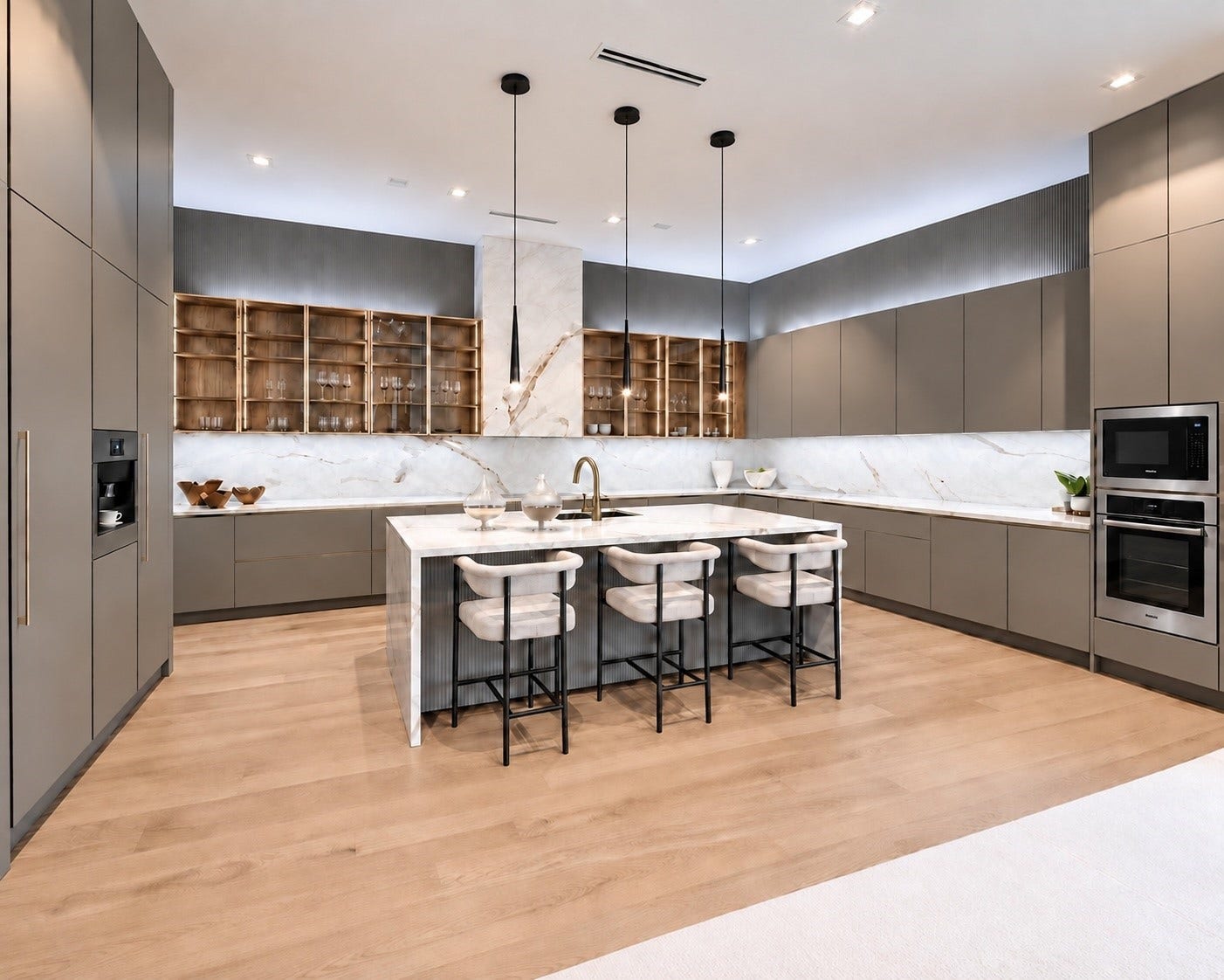Fully equipped kitchen with high-end Thermador appliances. From this angle it reveals its true scale and sophistication. Waterfall island anchors the room, while softly illuminated glass cabinetry brings warmth and dimensions to the modern palette.