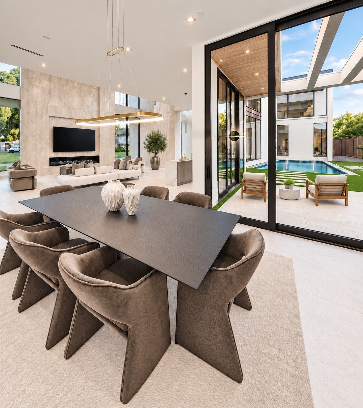 Designed for entertaining, the dining room flows seamlessly into the living space, while the walls of glass draw the eye toward the pool creating a continuous sophisticated setting for dining, relaxing and gathering.