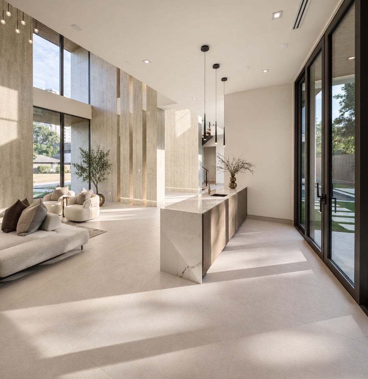 Framed by saoring architecture and poolside views, this elegant custom-built wet bar becomes a natural gathering point between the living and dining spaces, perfectly positioned for effortless cocktails, conversation and entertainment.