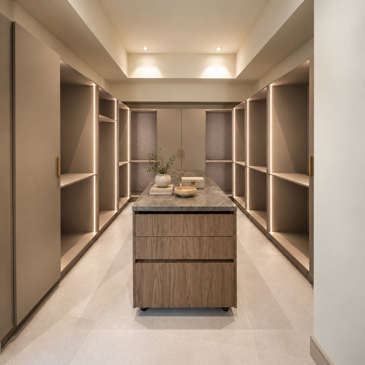 One of the two primary dressing rooms designed like a private boutique. Illuminated custom cabinetry, a beautifully appointed center island and refined finishes transform everyday organization into a luxurious dressing experience. Additional concealed storage space withing the main closet