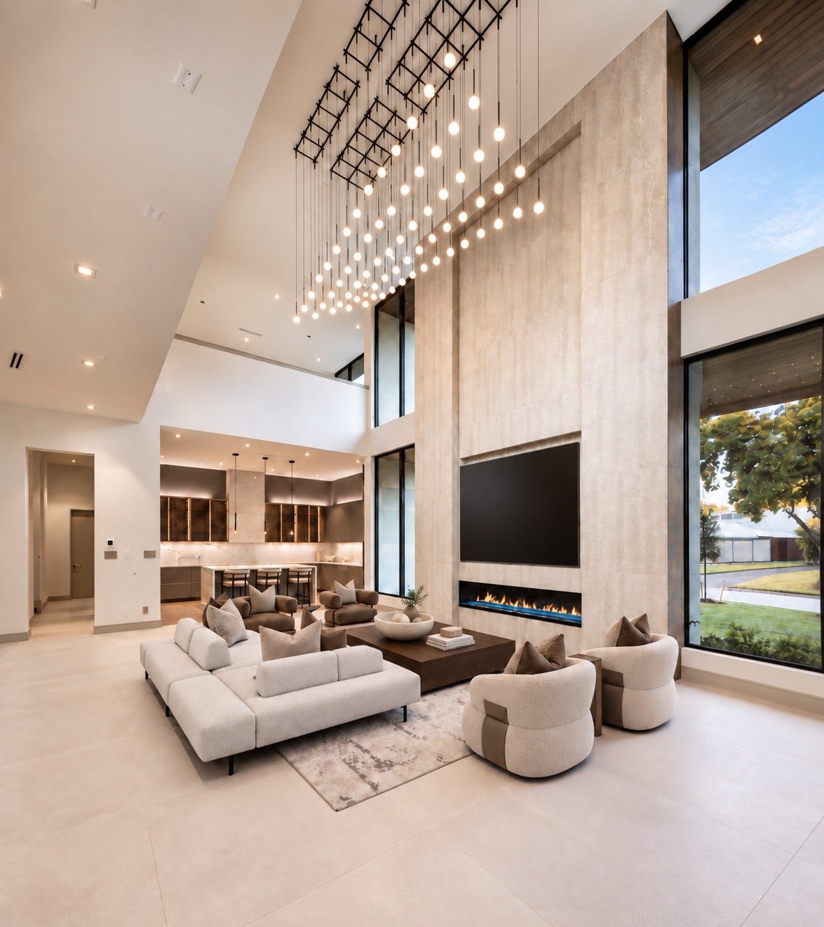 Beyond the conversation area, the space is naturally drawn into the kitchen, where the architecture shifts from grand-scale entertaining to an intimate gathering place for cooking, conversation and everyday living.