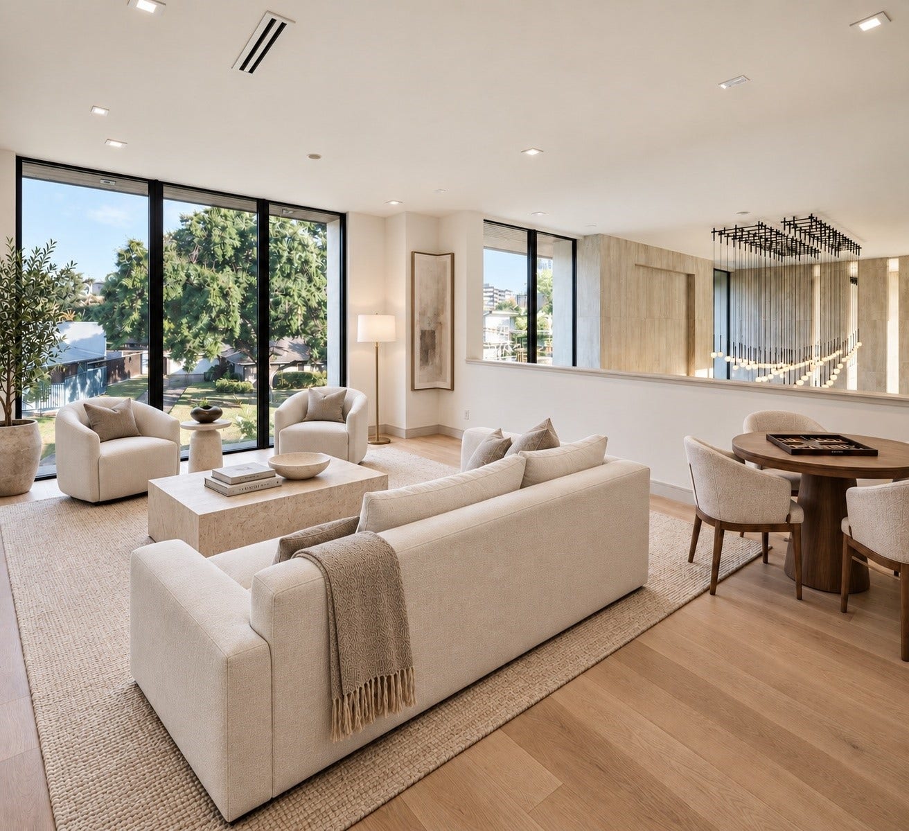 Virtually staged to showcase its possibilities. This expansive second floor retreat offers incredible flexibility as an additional living space or media lounge, . Walls of glass fill the room with natural light, while the open layout and view over the dramatic first floor living room create inviting setting for relaxation, entertaining or simply enjoying a quieter corner of the home.