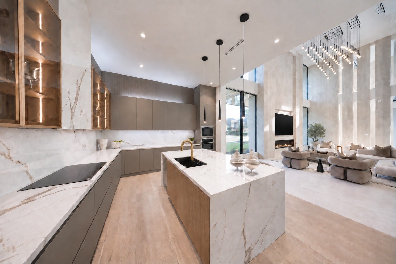More than a chef's kitchen, this is the heart of the home. An exquisite space wghere dramatic stone, custom cabinetry and substantial center island frame the uninterrupted connection to the living room.