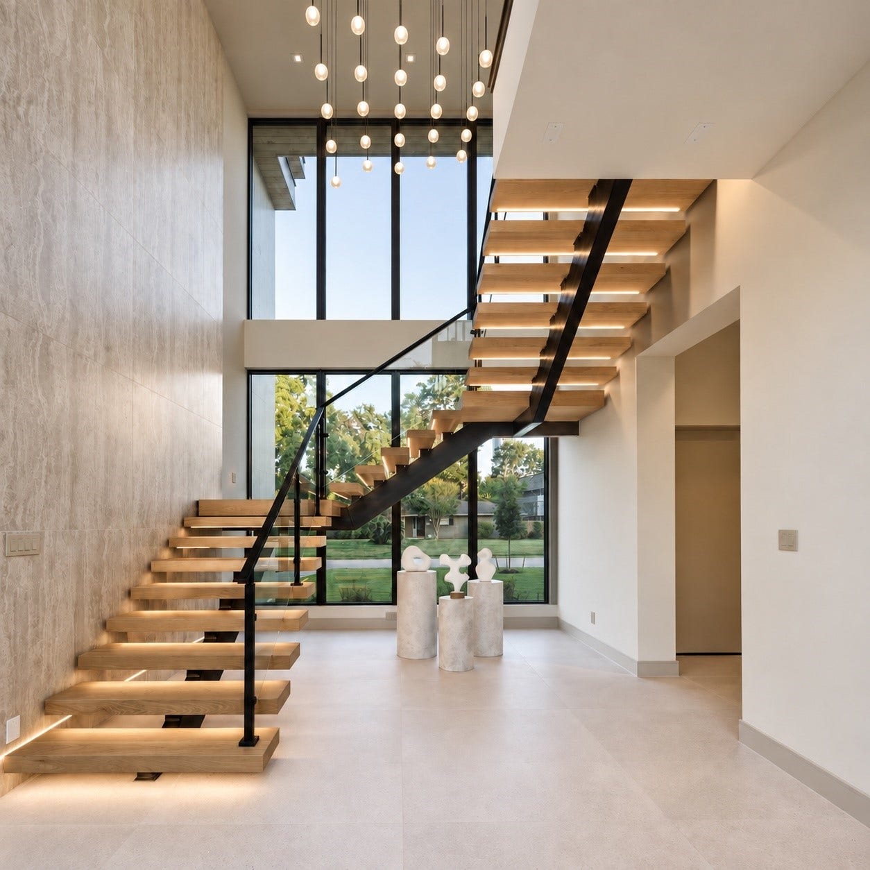A picture is worth a thousand words, and this staircase leaves everyone of them speechless. Floating wood treads, dramatic black steel, walls of glass and cascading lights transform a simple passage between floors into a breathtaking work of architectural art.