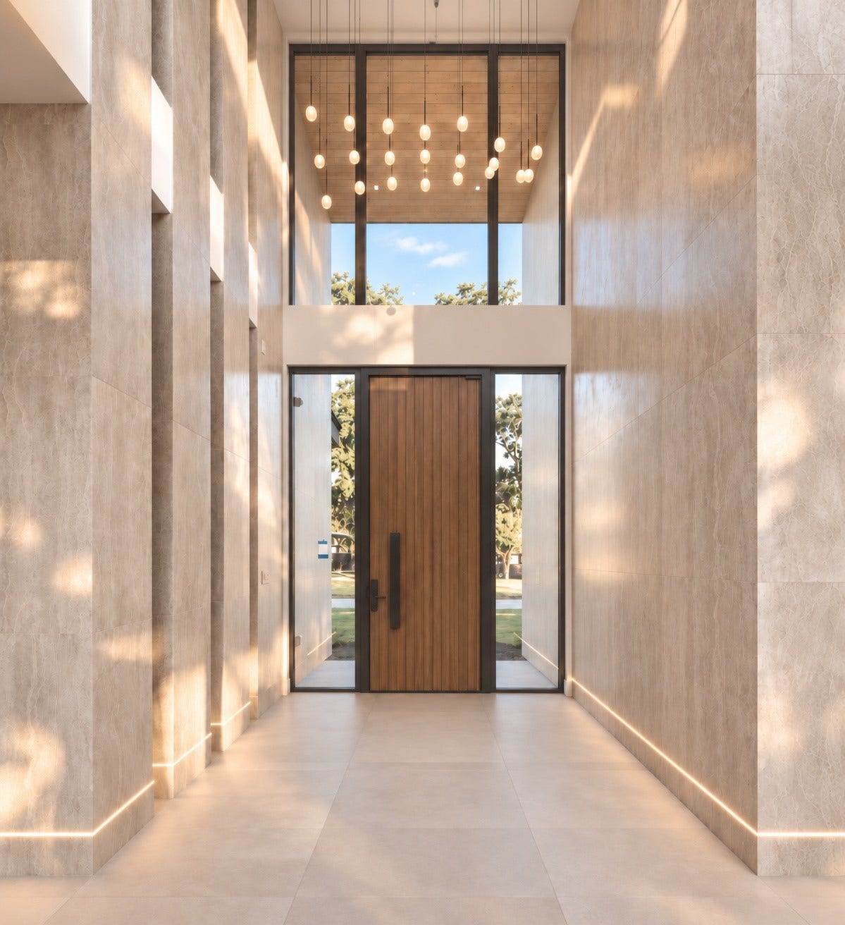 Unforgettable welcome with soaring proportions, dramatic natural light , elegant cascading pendent lighting, bottom surface mounted LED lighting and warm architectural accents.