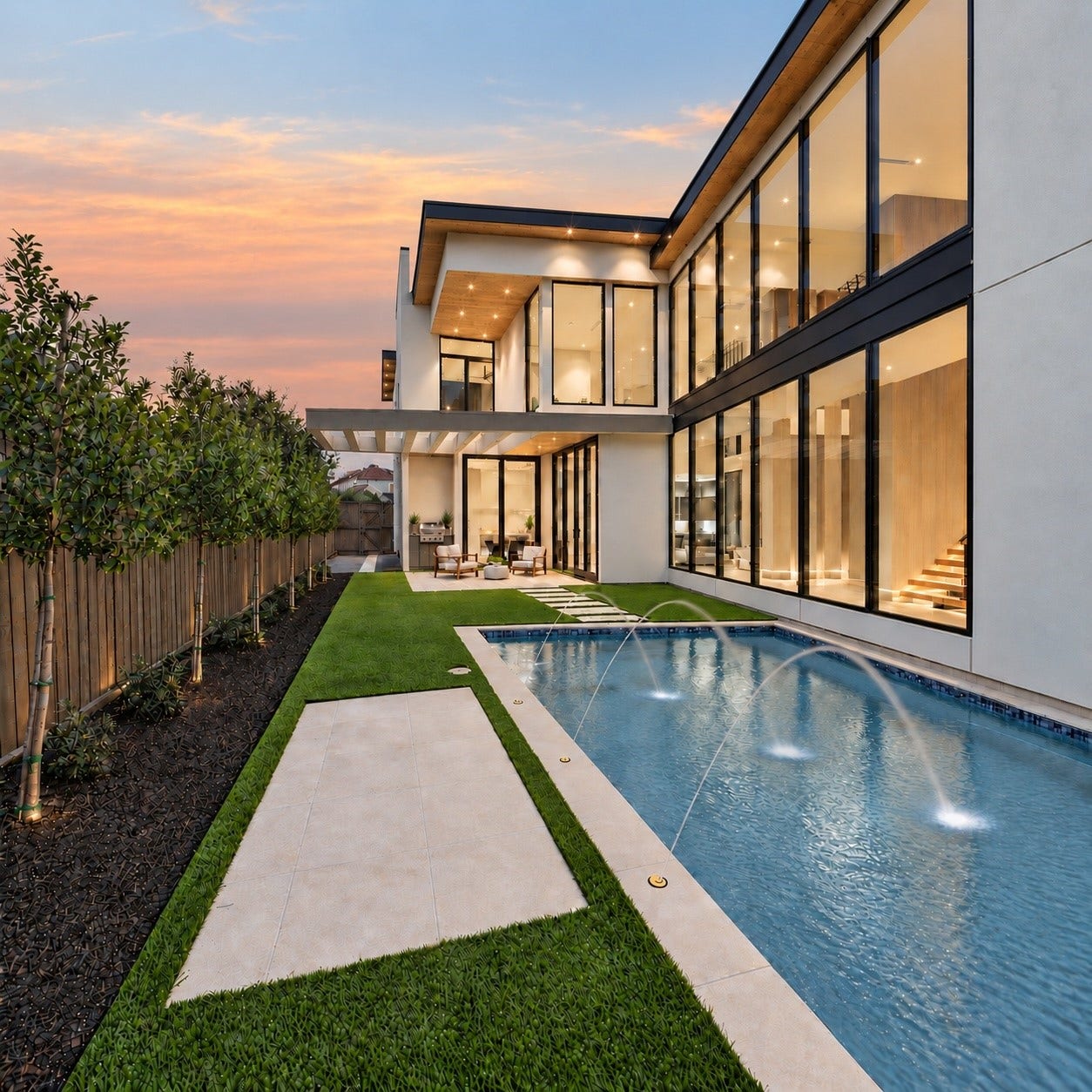 As twilight settles in, this striking modern residence comes alive. Walls of glass glow against the evening sky while fountains dance across the pool, creating a private resort atmosphere that feels dramatic, sophisticated and unforgettable. Tucked discreetly to the back of the outdoor area, a convenient half pool bath keeps wet feet out of the main house.