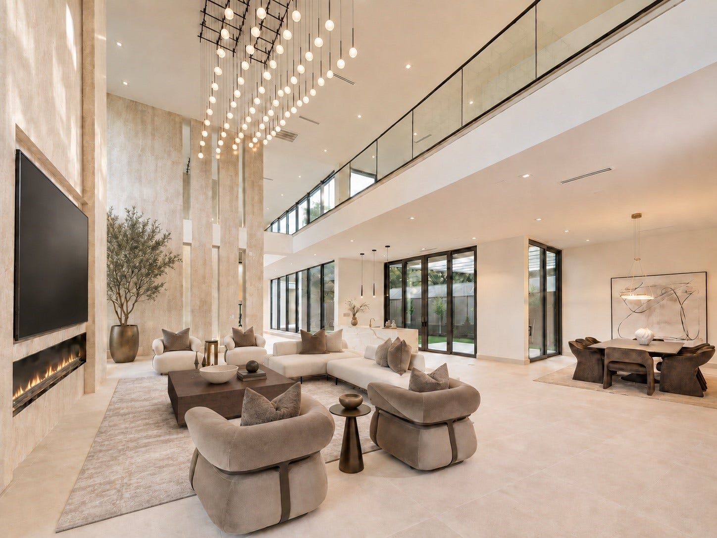 Contemporary Great room where dramatic double-height sculpture lighting and cozy fireplace create a sense of grandeur-beautifully balanced by walls of glass that flood the space with natural light.