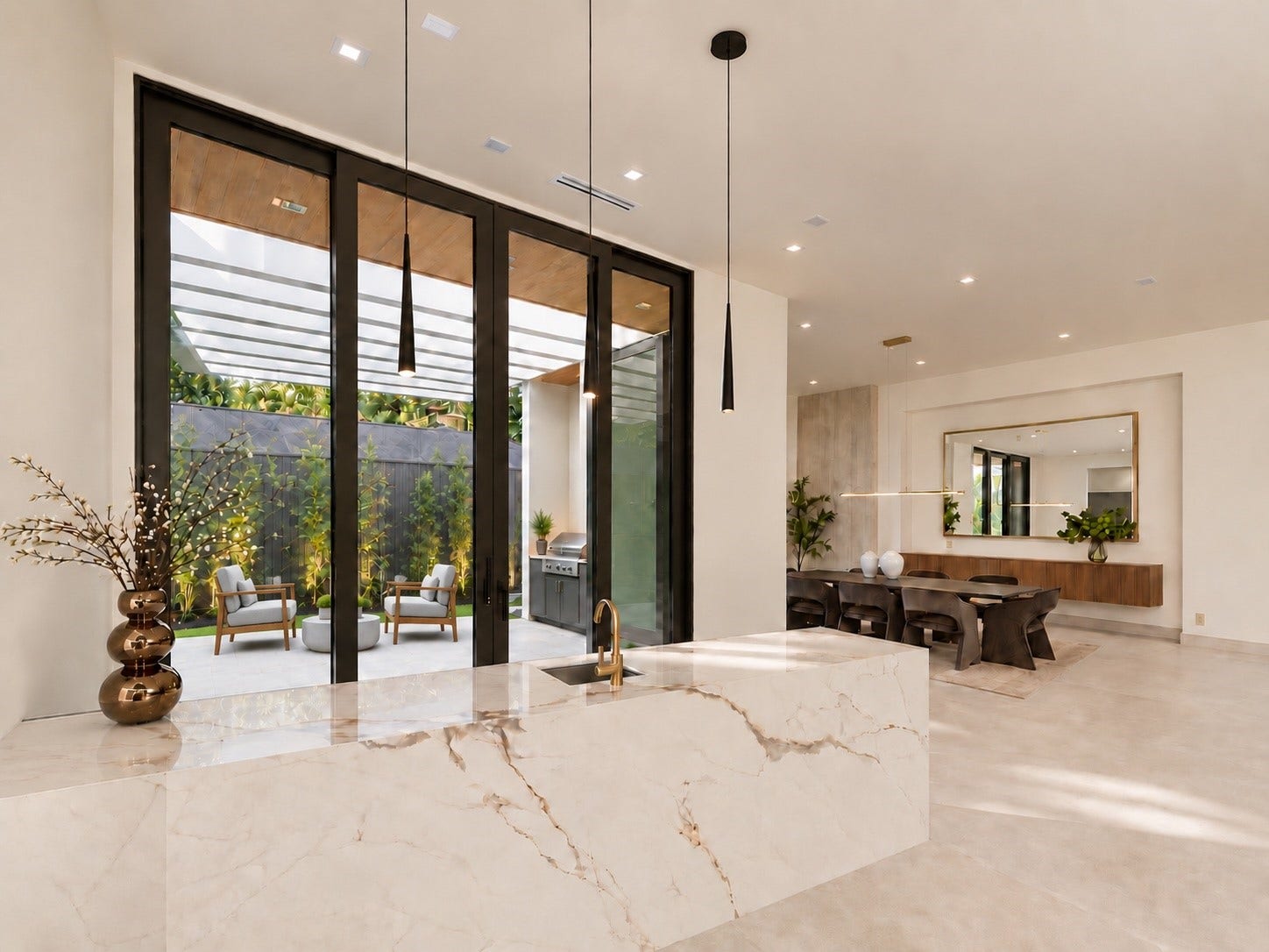 Cocktails begin at the bar, conversation carries into the dining room, and the evening naturally drifts outdoors to the pool and deck - a beautifully choreographed flow where indoor and resort style living become one!