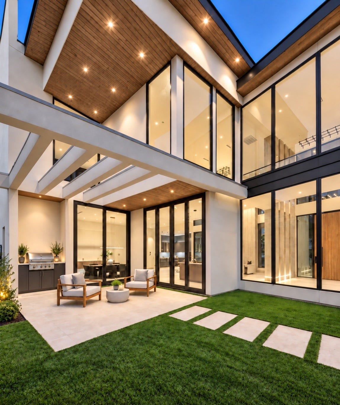 A private courtyard designed for Flame, Flavor and conversations under the evening sky. Furniture is virtually staged. The built-in grill is currently staged, but it will be a permenent feature of the courtyard area.