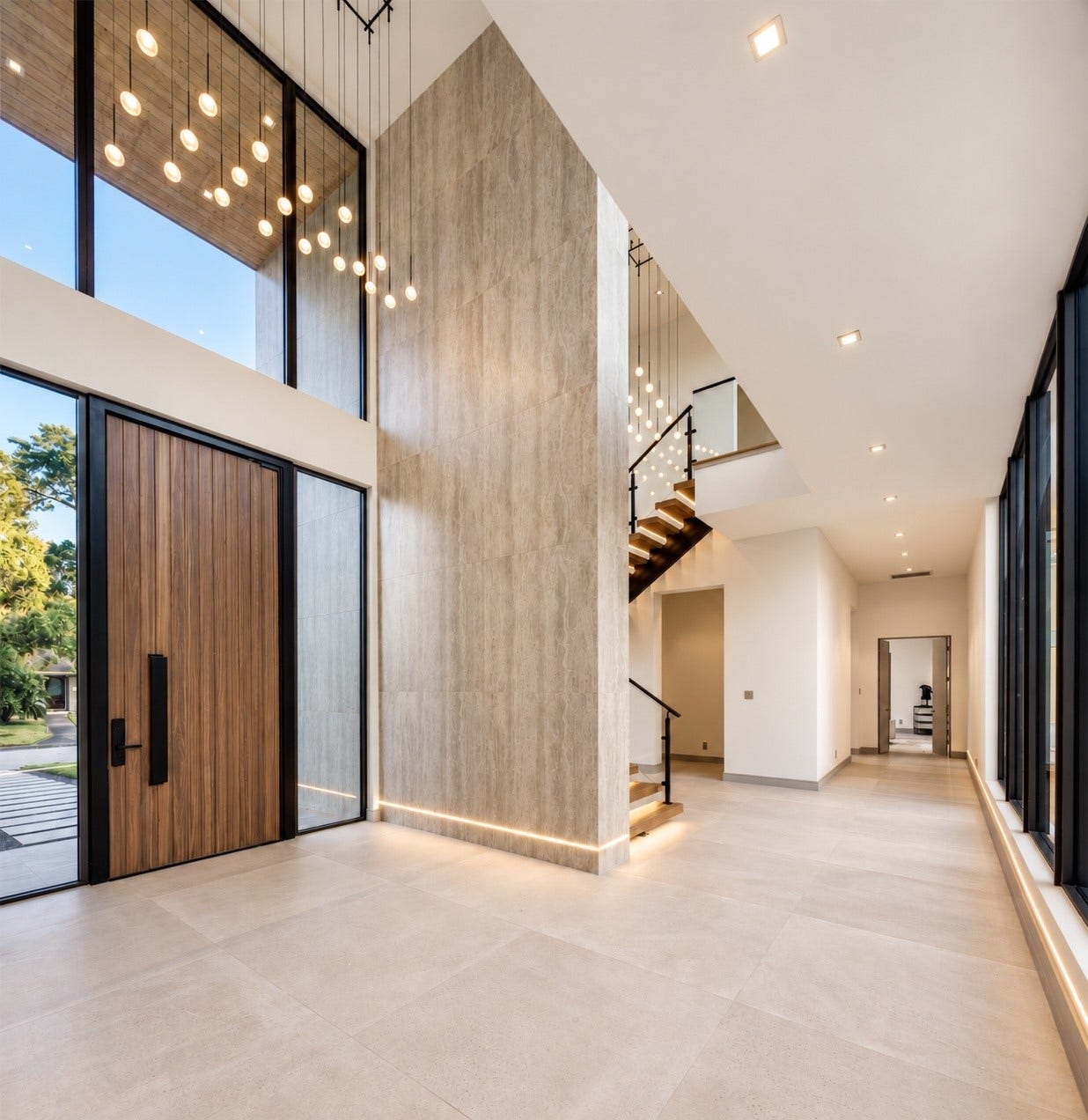 This dramatic first impression of the home unfolds through the soaring entry hall, where walls of glass, sculptural lighting and architectural lines create a striking passage leading toward one of the home's two private luxurious primary suites.