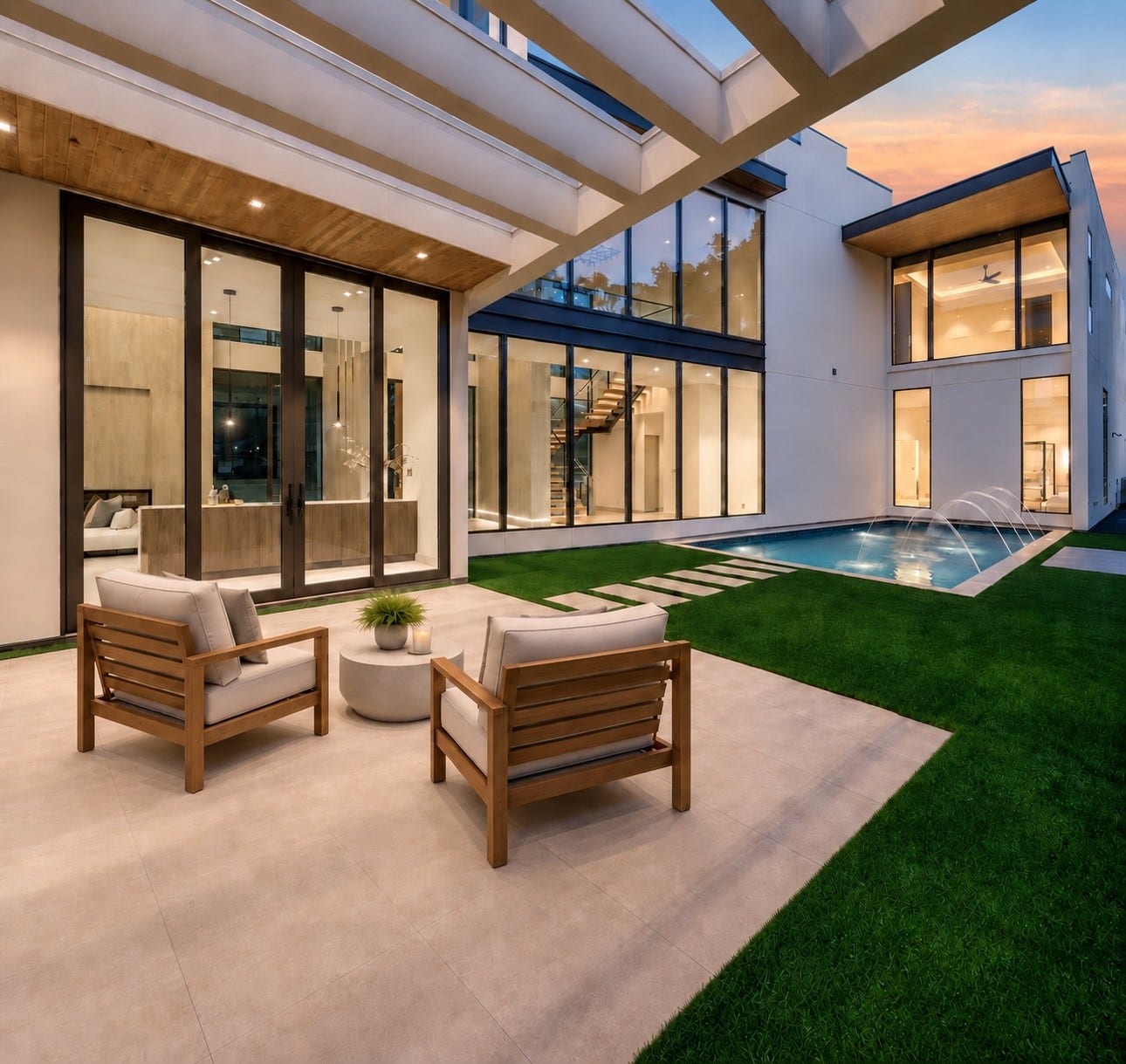 Where the house folds inward to embrace the outdoors, this dramatic courtyard becomes its own destination. An intimate world of glass, water, light and sky hidden at the heart of the home. Outdoor furniture is virtually staged.
