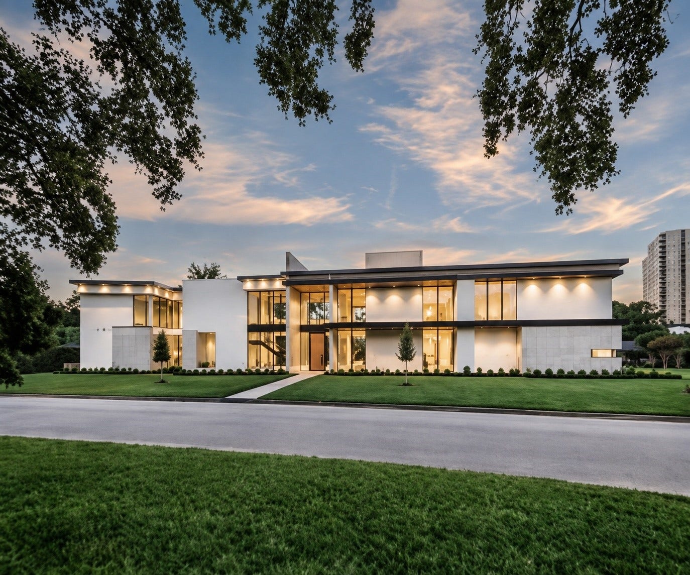 ImpressiveMasterpiece showcasing sleek architectural, dramatic windows and welcoming glow that highlights exceptional design