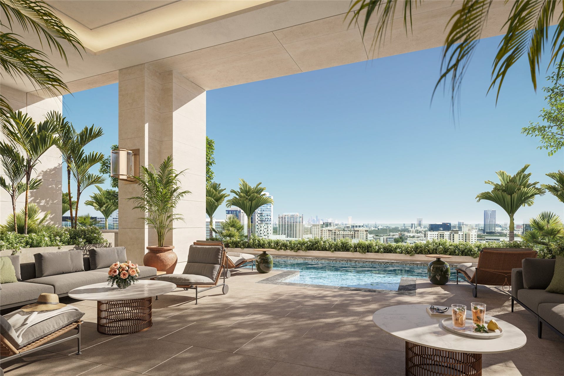 2120 Post Oak Boulevard, #PH3, Houston, TX 77056 The outdoor pool and grand terrace offer sweeping Downtown views, complemented by two outdoor kitchen stations designed for elevated al fresco entertaining. Residents can enjoy beverages and dining poolside through convenient in-residence service from any of the propertys three signature restaurants.