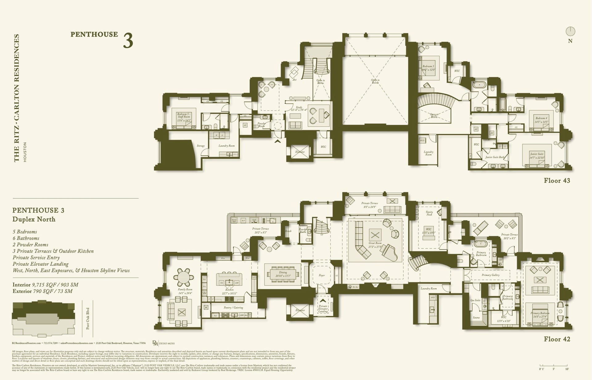 2120 Post Oak Boulevard, #PH3, Houston, TX 77056 The two-story penthouse spans 9,715 square feet with 790 square feet of exterior living space. It includes 5 bedrooms, 6 bathrooms, and 2 powder baths. Designed for exceptional living across two levels, each corner of the residence is thoughtfully planned for functional use, complemented by stunning views throughout.