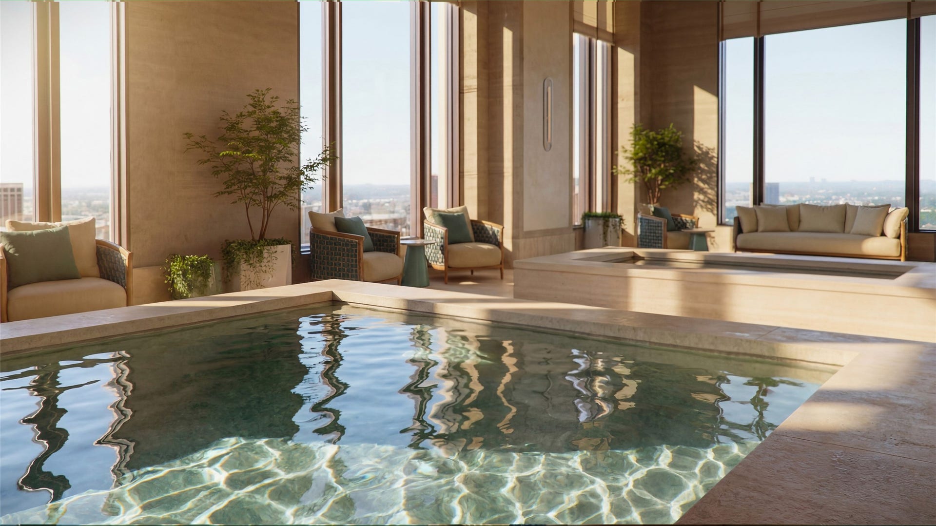 2120 Post Oak Boulevard, #PH3, Houston, TX 77056 Just beyond, a spa-inspired setting includes a hot tub and a cold plunge pool, along with a recovery terrace, creating a tranquil environment for rest, recovery, and rejuvenation.