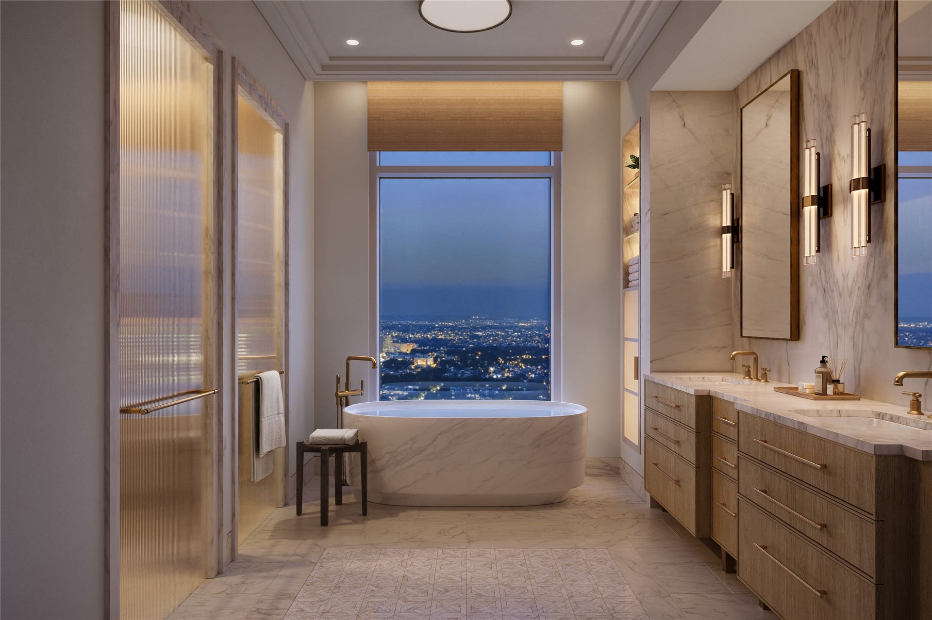 2120 Post Oak Boulevard, #PH3, Houston, TX 77056 The primary suite includes two separate bathrooms for him and her, along with a spa-like suite featuring a sauna for added relaxation. One bathroom is designed with a shower positioned to capture expansive city views, bringing natural light and skyline scenery into the space. The suite is further enhanced by a soaking marble tub with views, complemented by refined Kalista hardware for a polished finish.