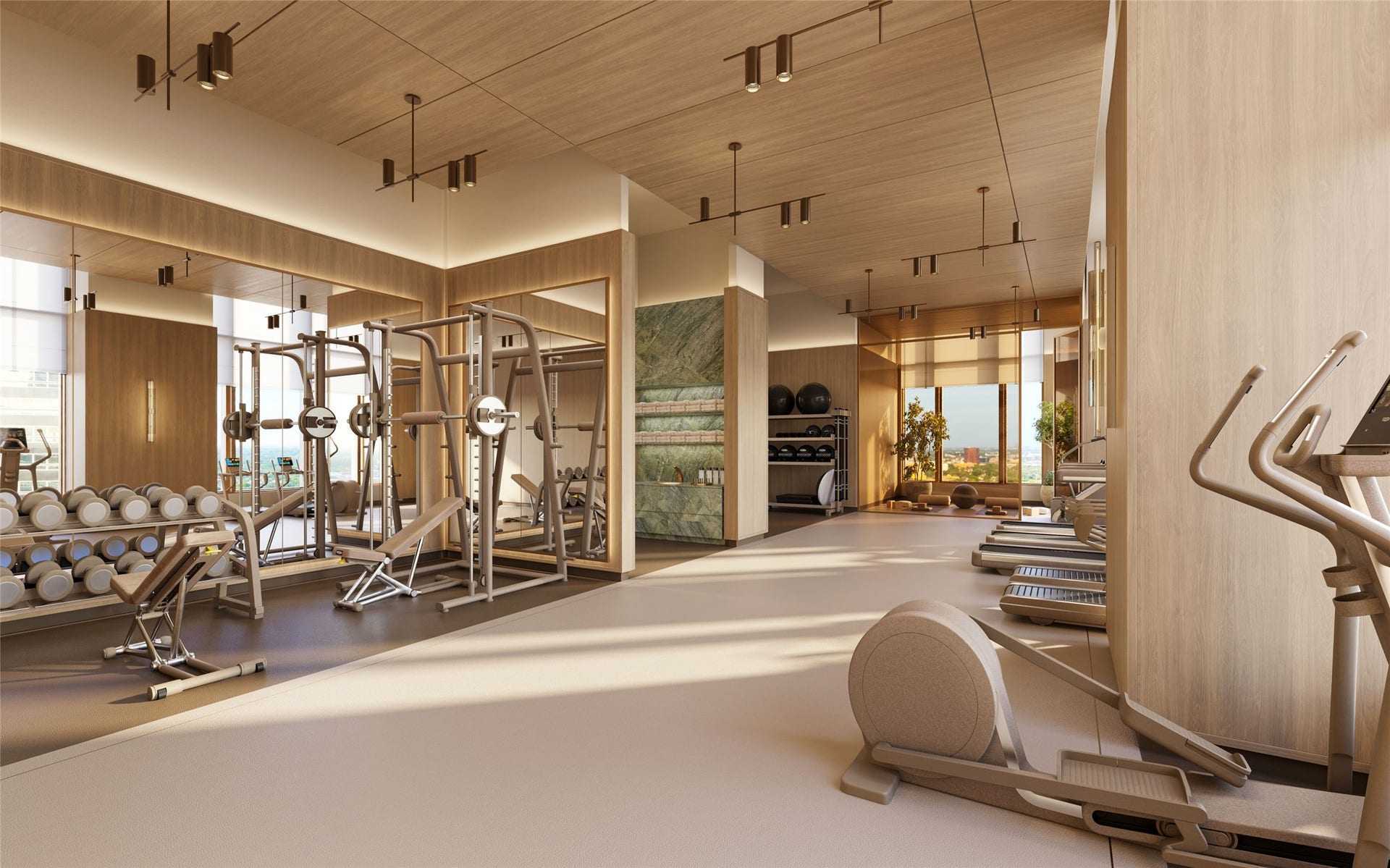 2120 Post Oak Boulevard, #PH3, Houston, TX 77056 On the 18th floor, the residential fitness center includes a dedicated yoga atelier designed for movement and mindfulness. Adjacent to the fitness spaces are separate mens and womens locker rooms, each appointed with steam rooms and dry saunas for a refined wellness and recovery experience.