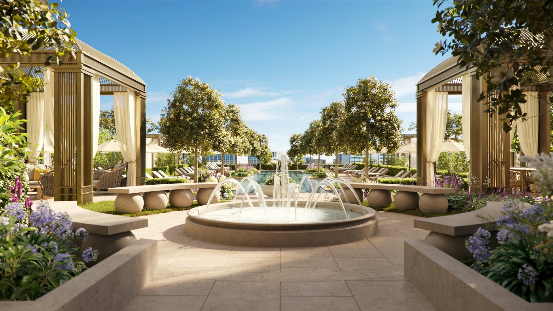 2120 Post Oak Boulevard, #PH3, Houston, TX 77056 The serene fountain courtyard is outlined by lush greenhouses.
