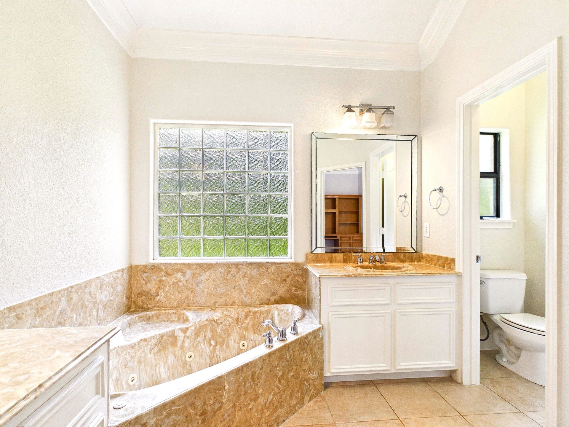 19521 Desna Drive, Porter, TX 77365 The primary bathroom features a luxurious jacuzzi tub, large vanity with ample counter space, and a separate toilet area. A glass block window provides natural light while maintaining privacy.