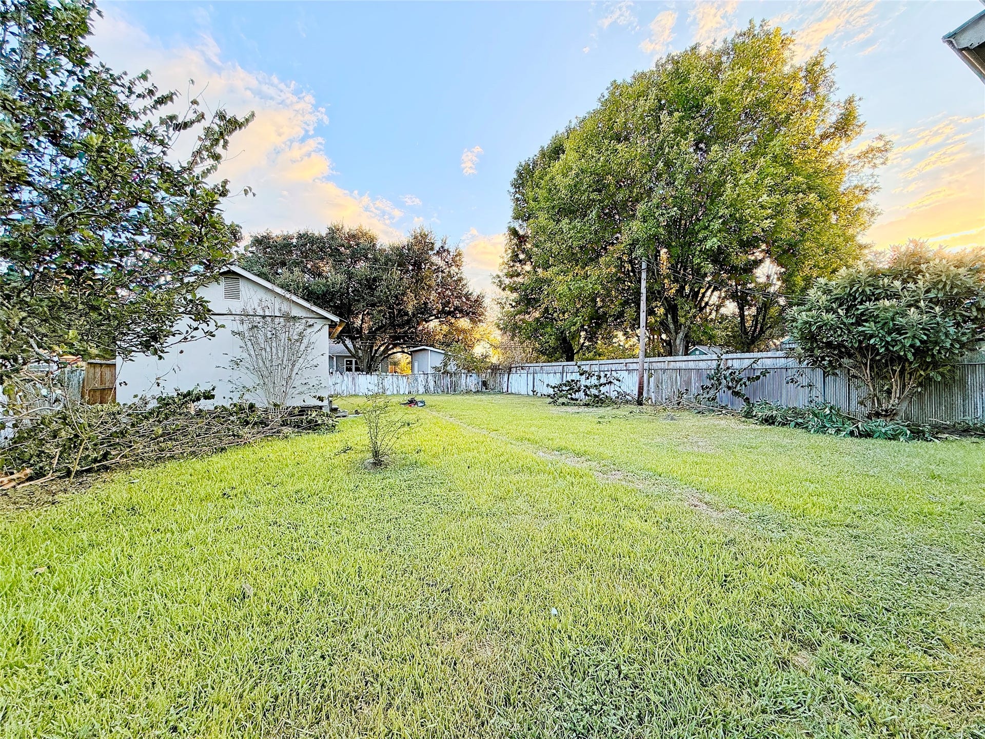 8116 Gulick Lane, Houston, TX 77075 Expansive backyard with lush green grass, mature trees, and a charming fence, perfect for outdoor activities and relaxation.