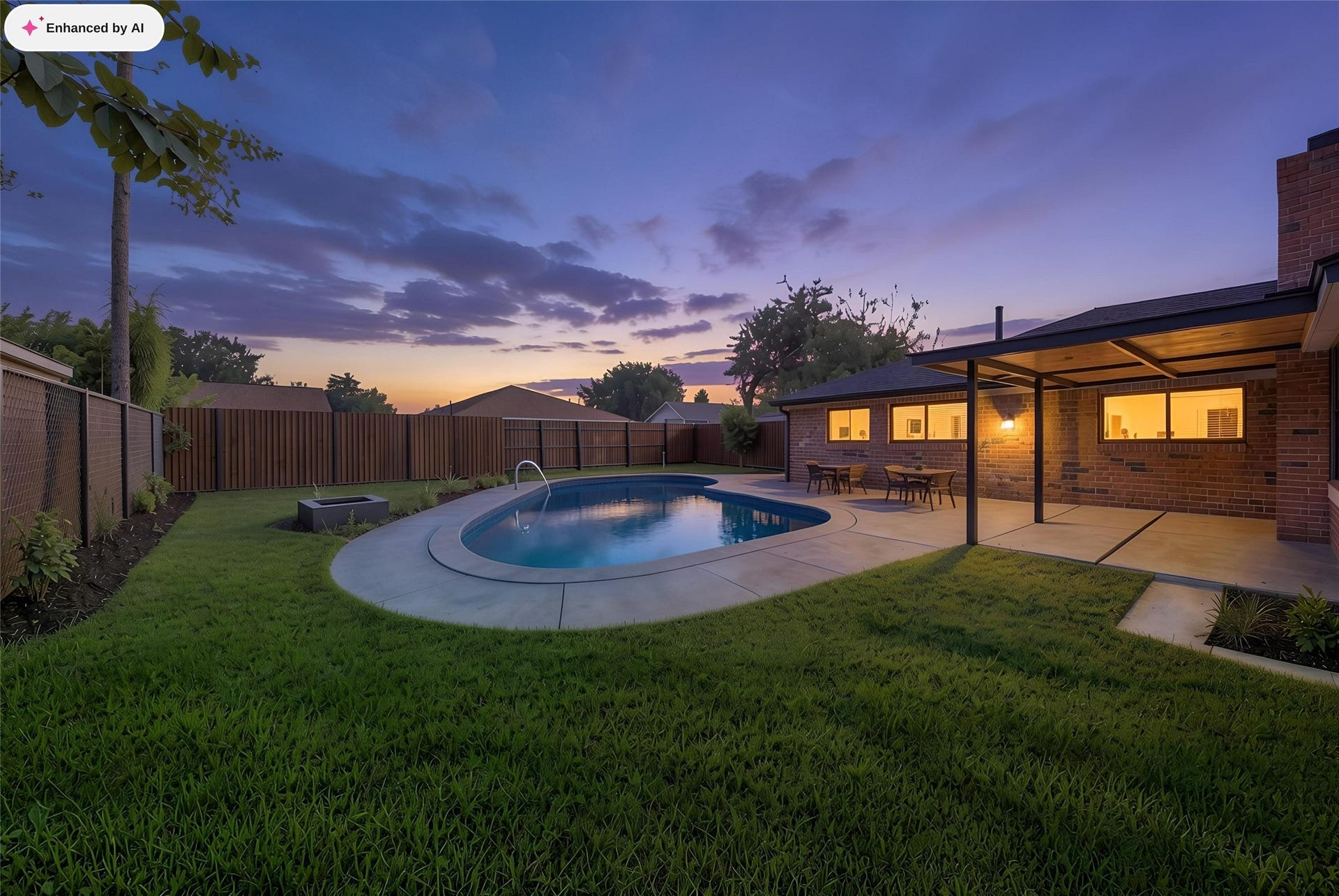 1023 Twinbrooke Drive, Houston, TX 77088 The backyard closes with a private pool, covered patio, and warm twilight setting for outdoor living. Virtually staged.