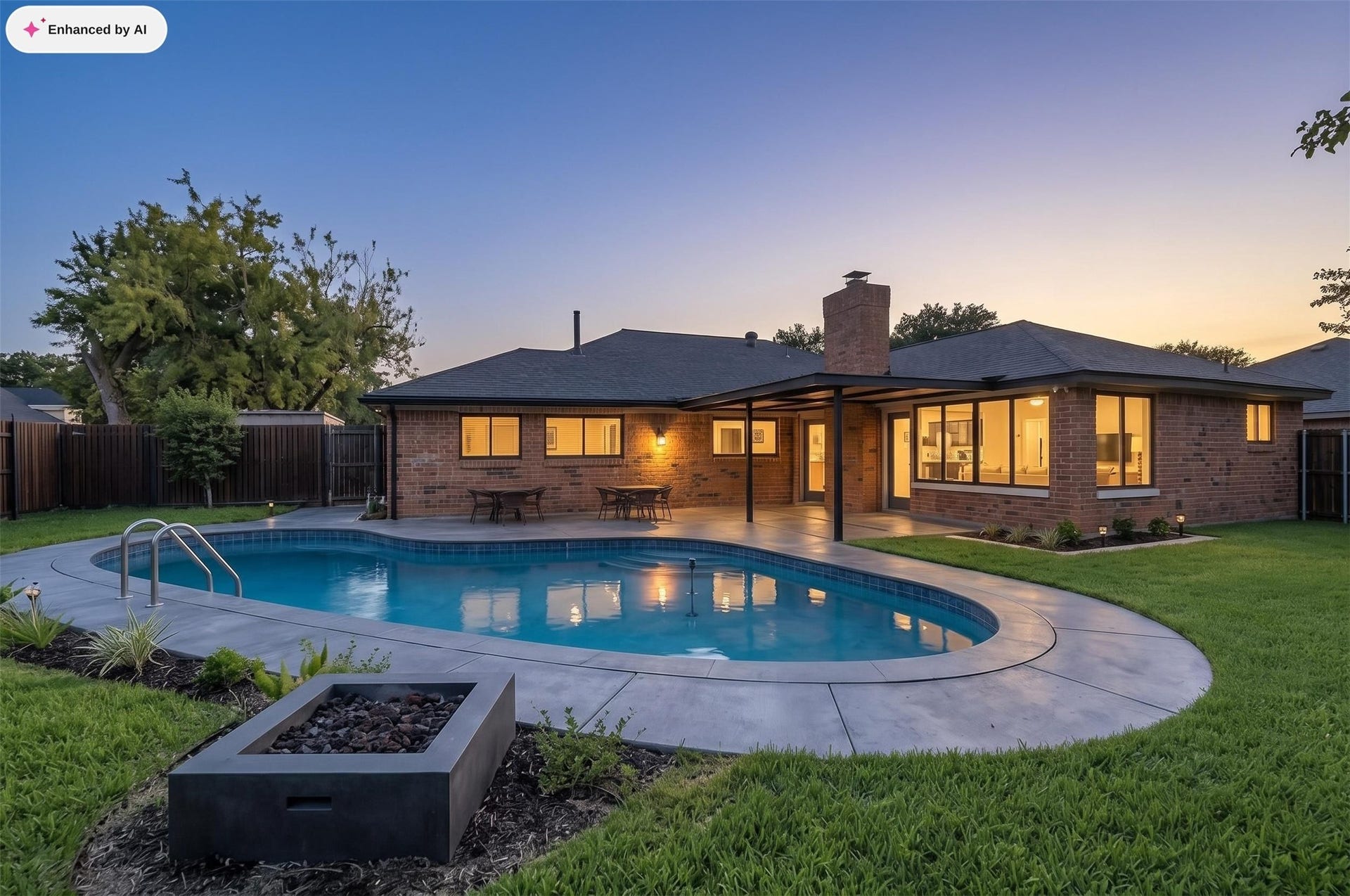 1023 Twinbrooke Drive, Houston, TX 77088 A private backyard retreat with a glowing in-ground pool, covered patio, and warm evening light across the home. Virtually staged.