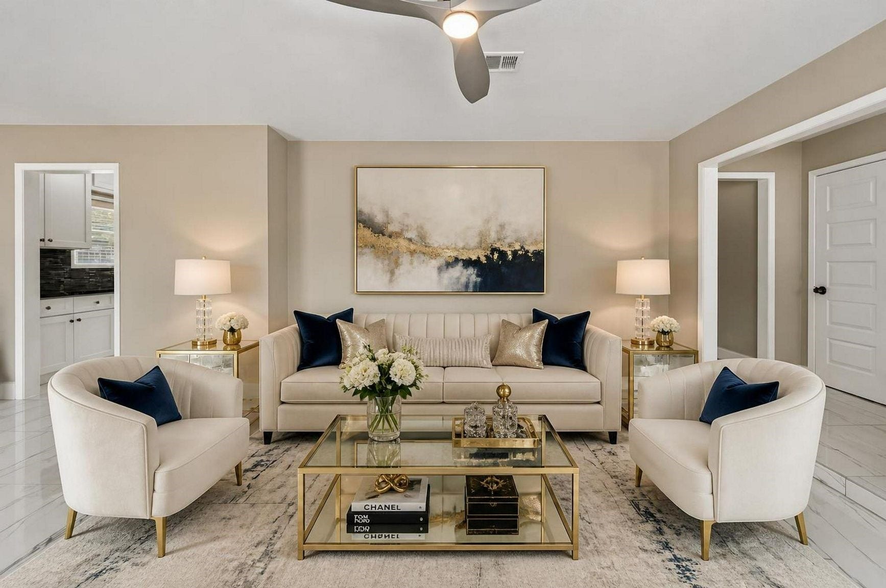 1023 Twinbrooke Drive, Houston, TX 77088 The living room is styled with a soft, composed seating arrangement and a calm neutral finish. Virtually staged.