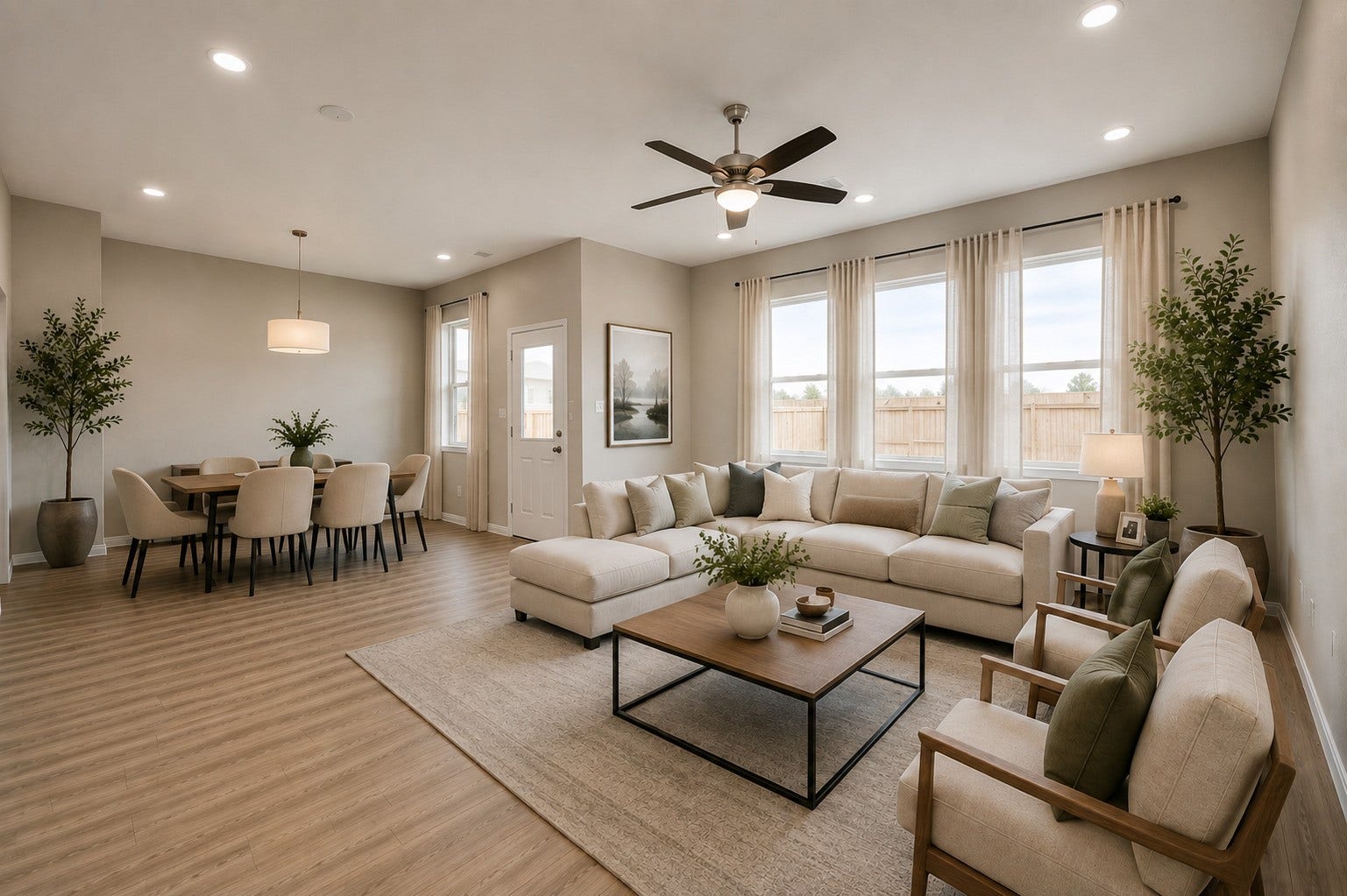 1311 Bonnerjee Drive, Crosby, TX 77532 Spacious view of the open concept living and dining areas, featuring high ceilings, abundant natural light, and beautiful wood look flooring