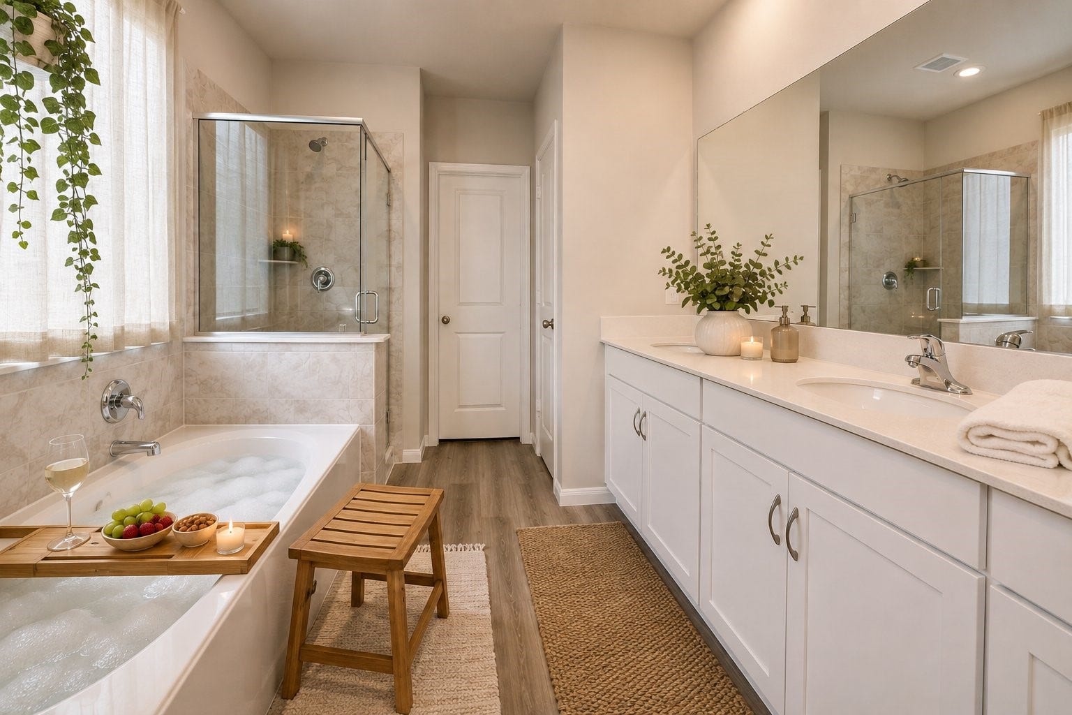 1311 Bonnerjee Drive, Crosby, TX 77532 Spa inspired primary bathroom featuring a dual sink vanity, soaking tub, separate glass enclosed shower, and abundant natural light. Virtually staged using AI for visualization purposes. Dcor, accessories, window treatments, and furnishings shown are not included with the property