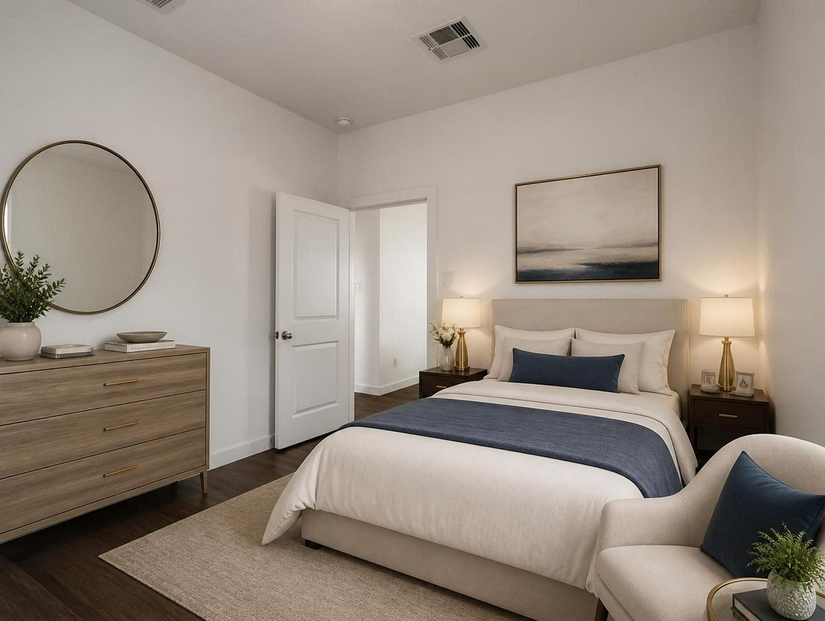 13021 Sapphire Lake Lane, La Marque, TX 77568 The bedroom shows clean wall space, natural light, and a composed furniture layout. A simple retreat with a polished finish. Virtually staged.