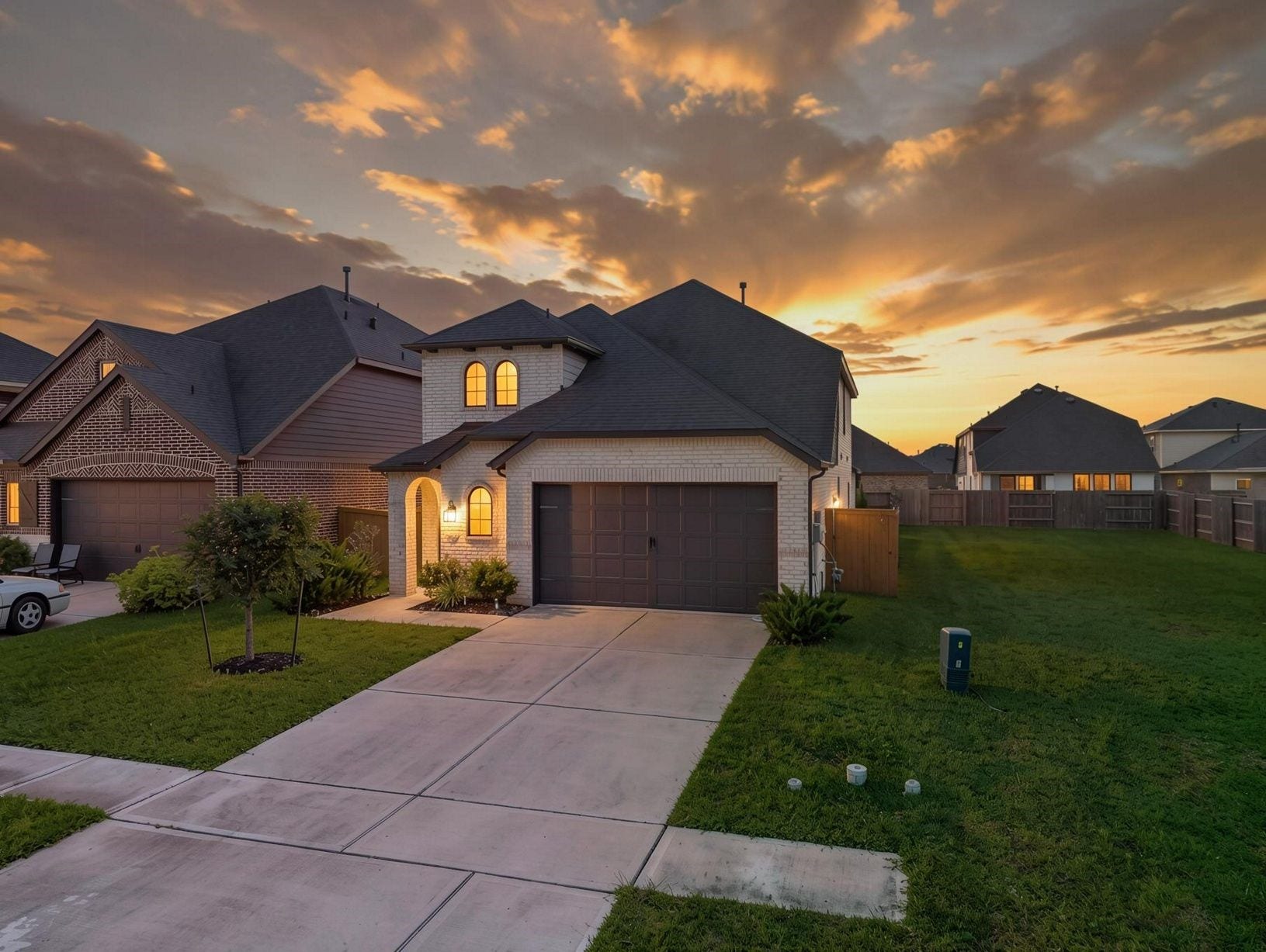 13021 Sapphire Lake Lane, La Marque, TX 77568 A modern Highland Homes exterior framed by sunset skies, clean landscaping, and a double-wide driveway. The home opens with a polished Lago Mar presence. Virtually staged.