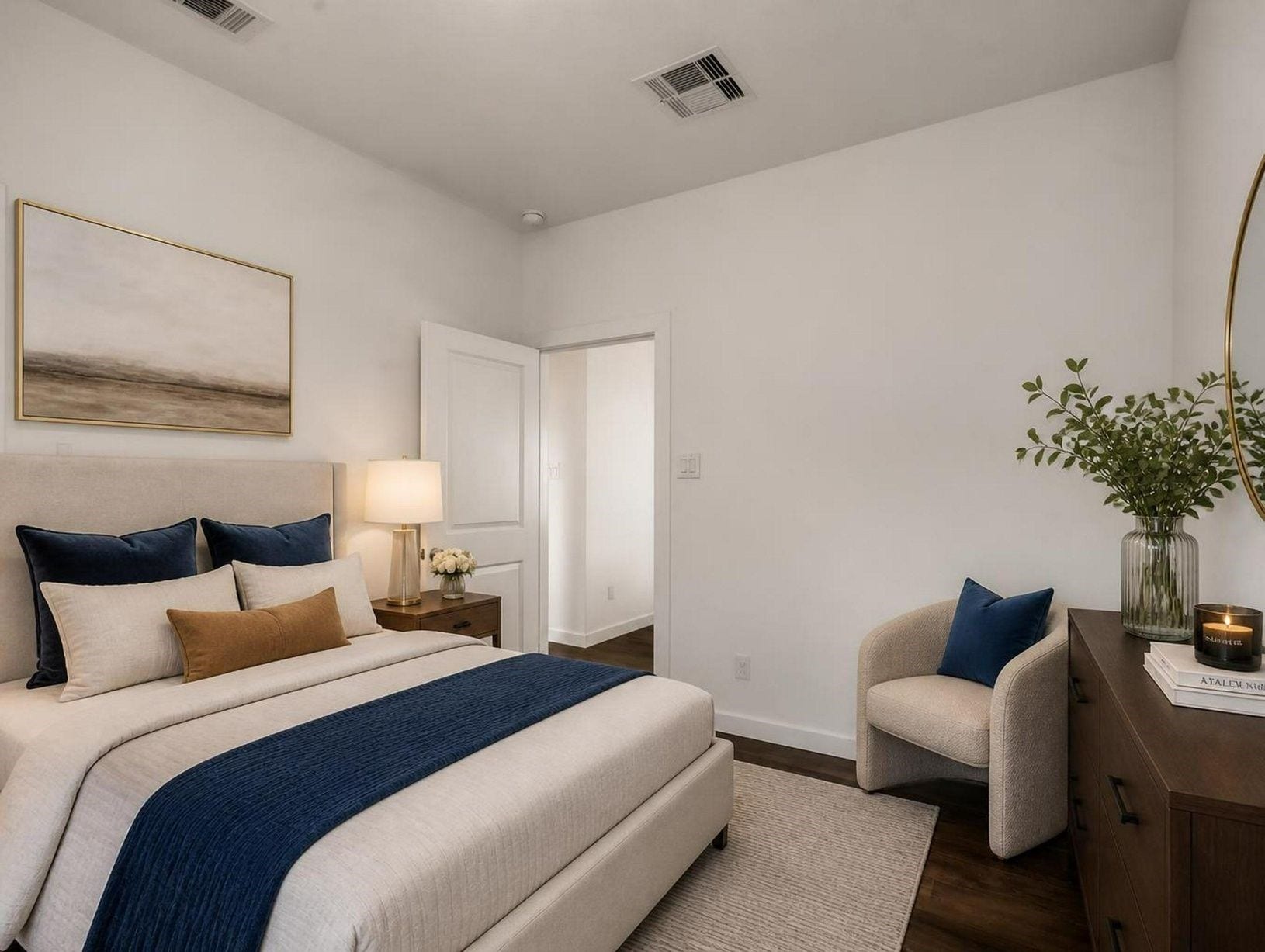 13021 Sapphire Lake Lane, La Marque, TX 77568 This bedroom shows the rooms scale, closet placement, and natural light with a clean setup. A flexible private space within the five-bedroom layout. Virtually staged.