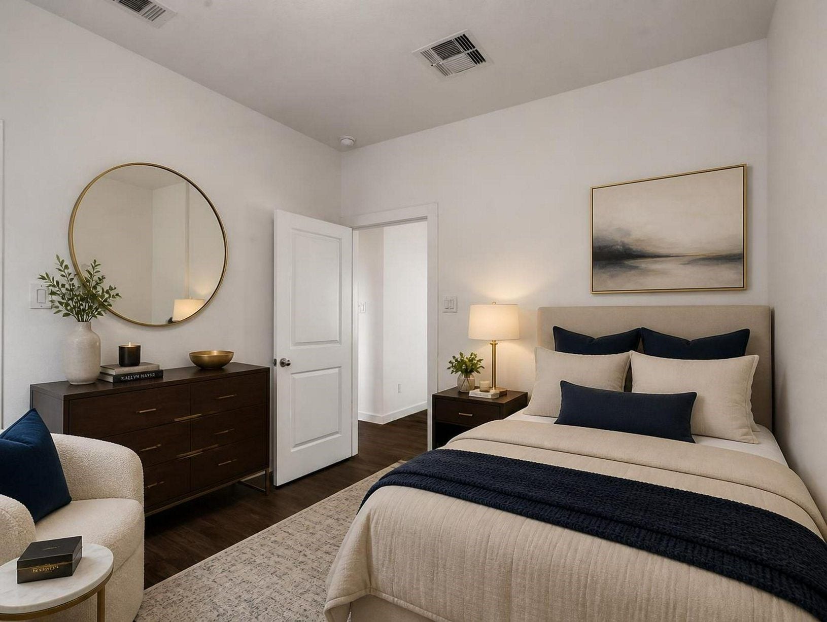 13021 Sapphire Lake Lane, La Marque, TX 77568 This bedroom offers another quiet upstairs space with neutral finishes and flexible proportions. Calm, clean, and easy to style. Virtually staged.