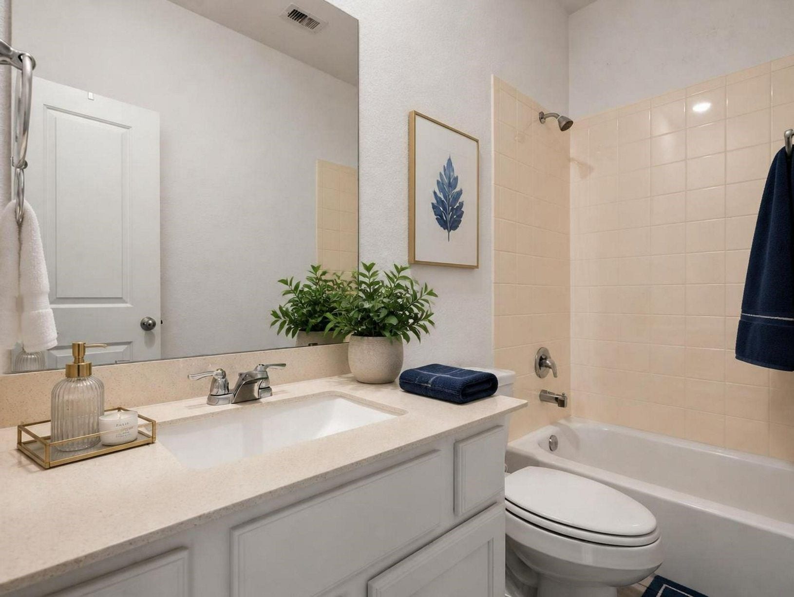 13021 Sapphire Lake Lane, La Marque, TX 77568 The secondary bathroom offers a clean tub/shower setup with bright finishes and practical storage. Simple, polished, and easy to use. Virtually staged.