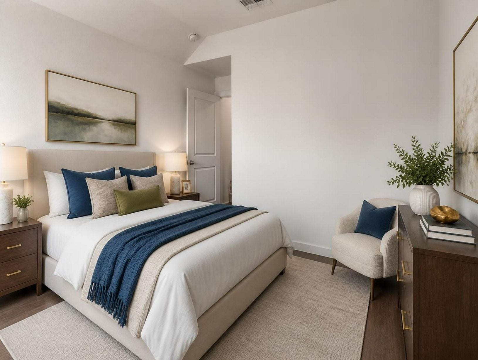13021 Sapphire Lake Lane, La Marque, TX 77568 This bedroom is styled with a soft, hotel-inspired feel and balanced furniture placement. The space feels calm, private, and finished. Virtually staged.