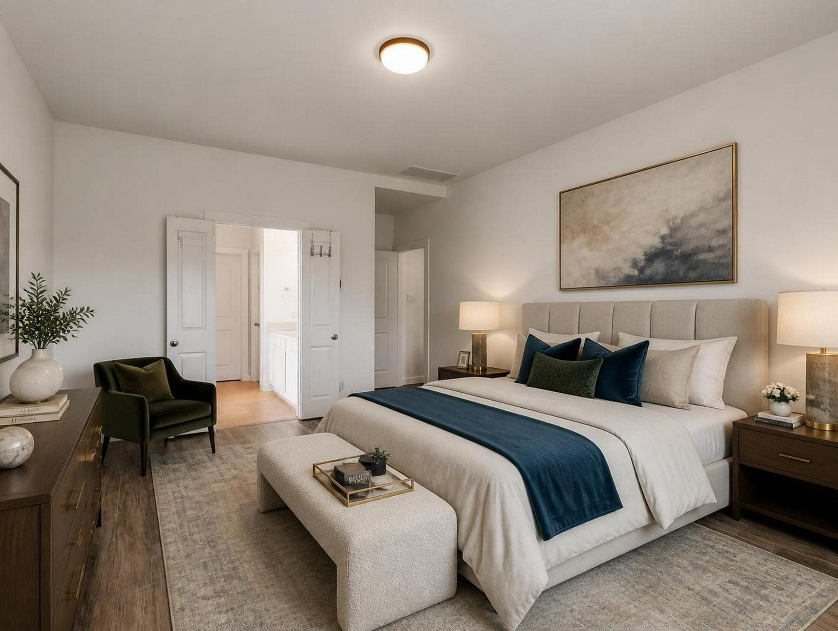 13021 Sapphire Lake Lane, La Marque, TX 77568 The primary bedroom offers a serene main-level setting with neutral tones and a polished arrangement. The suite feels simple, spacious, and composed. Virtually staged.