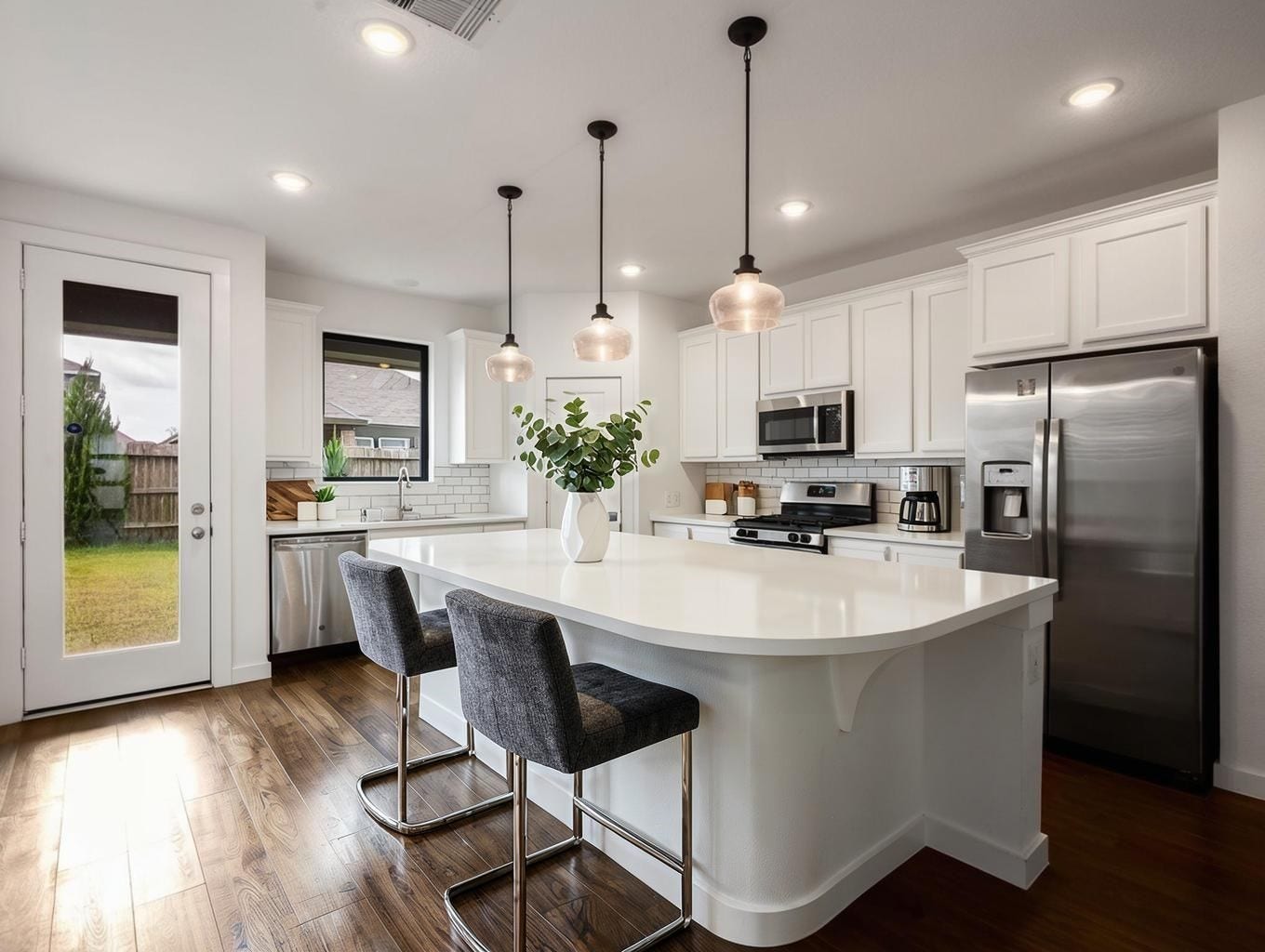 13021 Sapphire Lake Lane, La Marque, TX 77568 The kitchen centers around a large quartz island, pendant lighting, gas cooking, and crisp white cabinetry. A bright, tailored space with a refined everyday finish. Virtually staged.