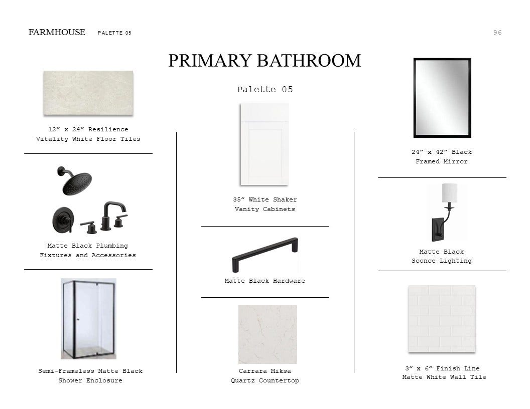 655 Daniels Lake Lane, Dayton, TX 77535 Farmhouse Look Palette 5: Primary Bathroom Selection Sheet (*Artist rendering used for illustration purposes only.)
