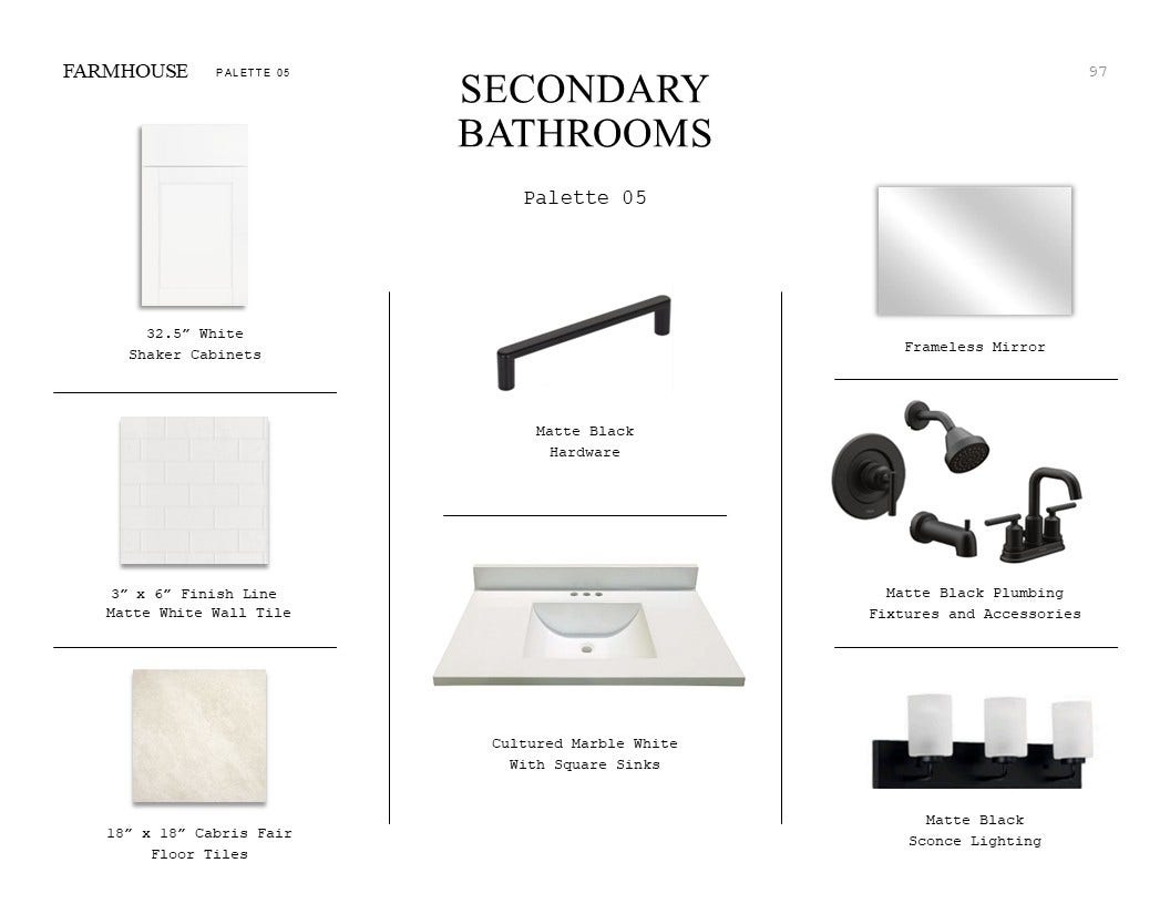 655 Daniels Lake Lane, Dayton, TX 77535 Farmhouse Look Palette 5: Secondary Bathroom Selection Sheet (*Artist rendering used for illustration purposes only.)