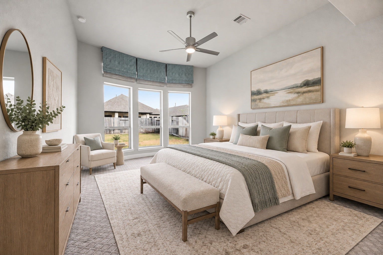 9511 Shaded Tree Drive, Missouri City, TX 77459 Grand primary suite with custom window treatments, plush carpet, ceiling fan, and large windows for natural light *virtually staged*
