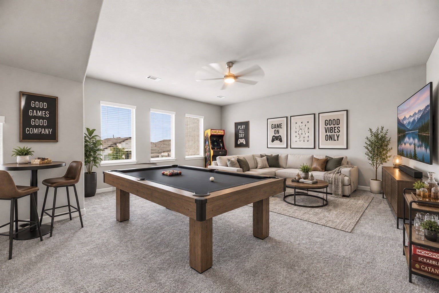 9511 Shaded Tree Drive, Missouri City, TX 77459 Bonus space upstairs, complete with numerous windows for natural light, plush carpet, ceiling fan, and neutral paint. Media room, unique hangout space, school room - anything you can imagine. *virtually staged*