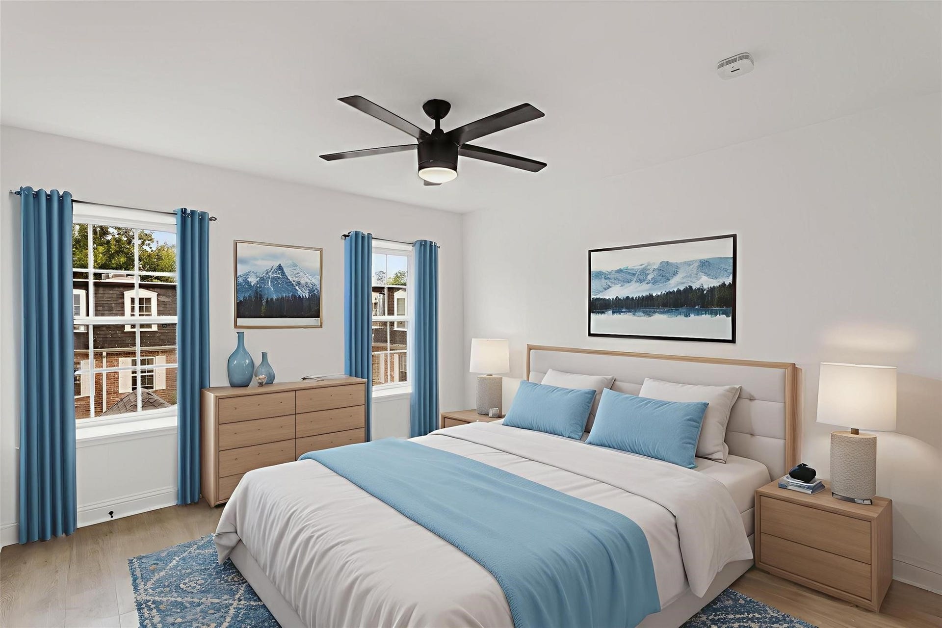 355 N Post Oak Lane, #839, Houston, TX 77024 Bright and inviting bedroom with large windows, modern ceiling fan, and tasteful decor in soothing blue tones.