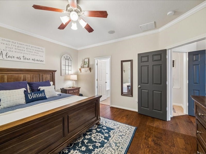 Spacious primary retreat with room for substantial furnishings.