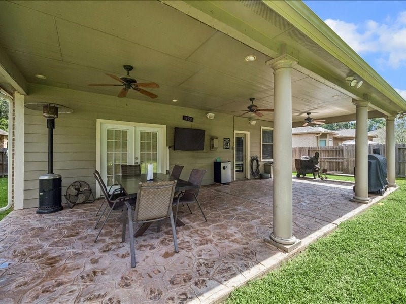 A shaded outdoor living space designed for relaxing and entertaining.