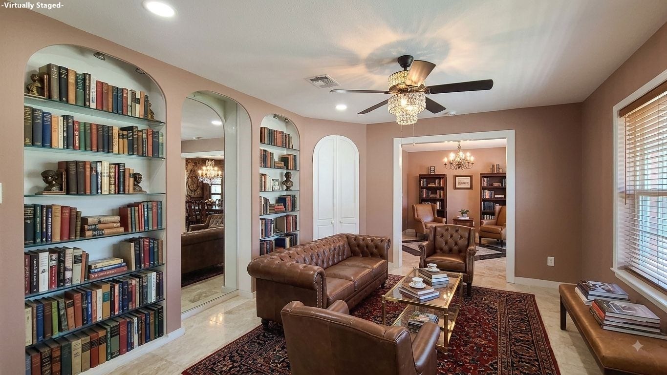 902 Ashford Parkway, Houston, TX 77077 Elegant living room featuring striking tiled flooring and a classic chandelier, seamlessly connecting to the kitchen and other spaces, creating an inviting and versatile area for entertaining and relaxation.