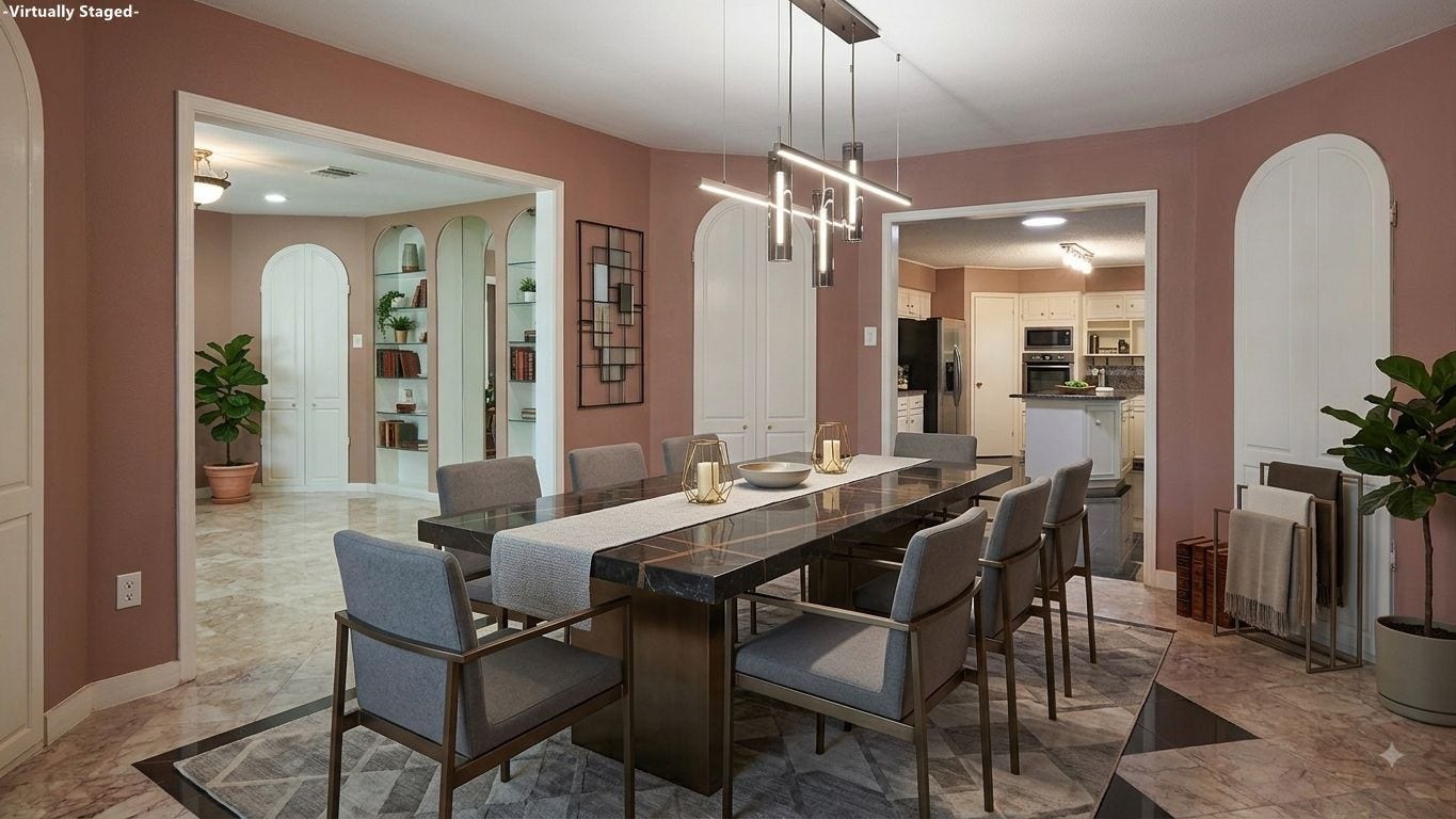 902 Ashford Parkway, Houston, TX 77077 The beautifully virtually staged formal dining room, perfect for hosting unforgettable gatherings.