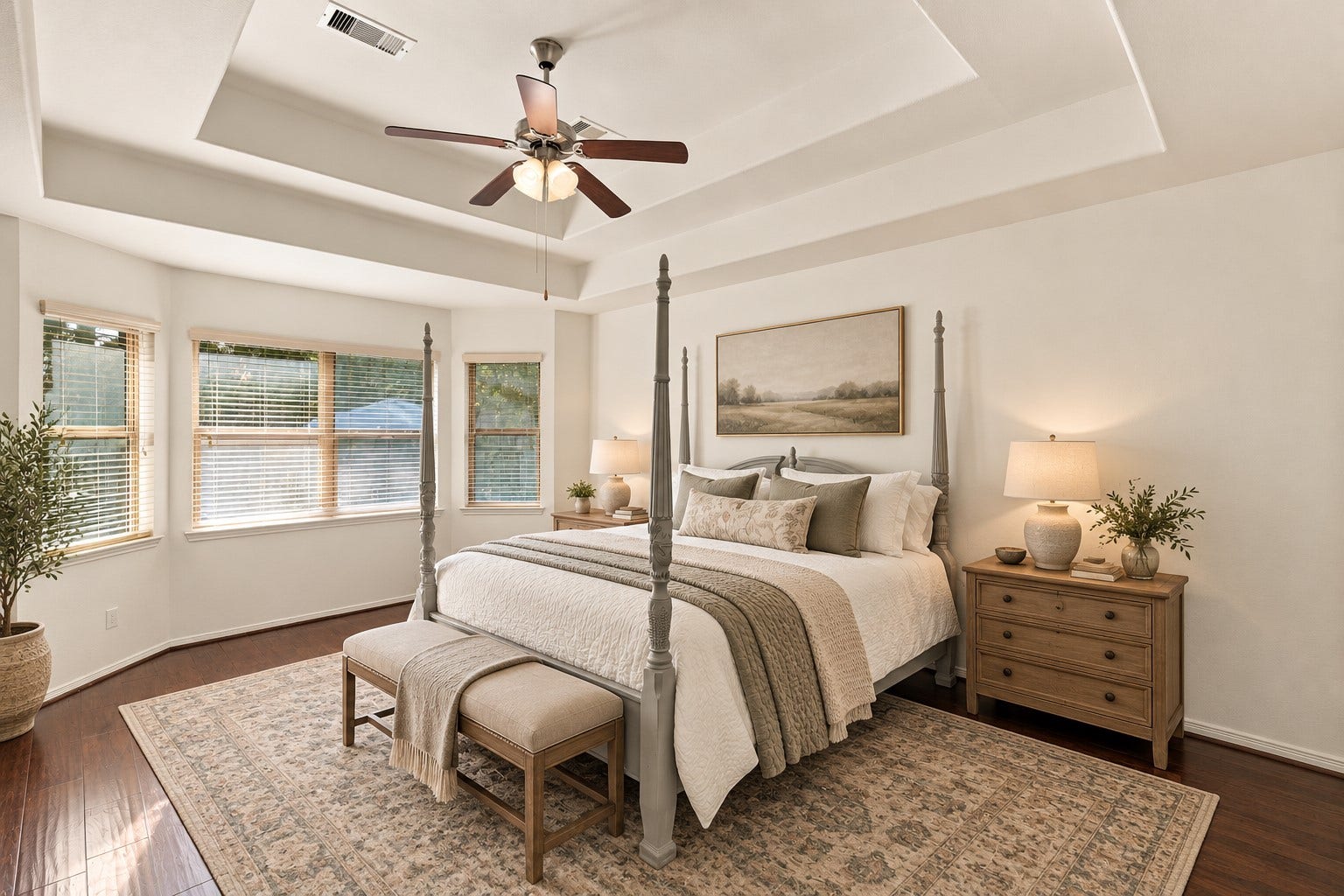 134 Meadow Landing Drive, Conroe, TX 77384 This photo has been digitally staged to show the space in this Primary Bedroom--located on the first floor with views of the pool.
